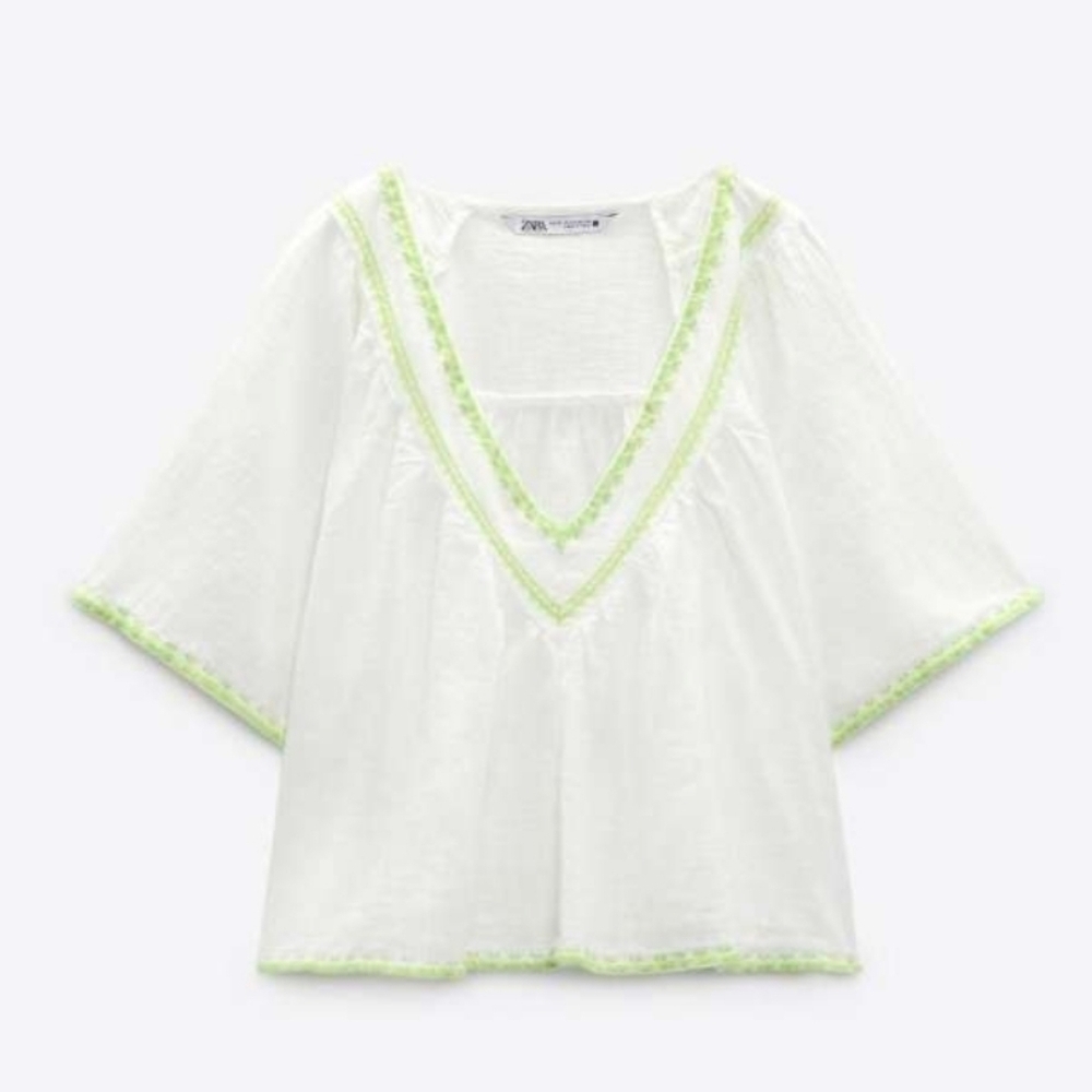 Zara Boho Embroidered V-Neck Cropped Babydoll Flutter Sleeve Top Size XS
